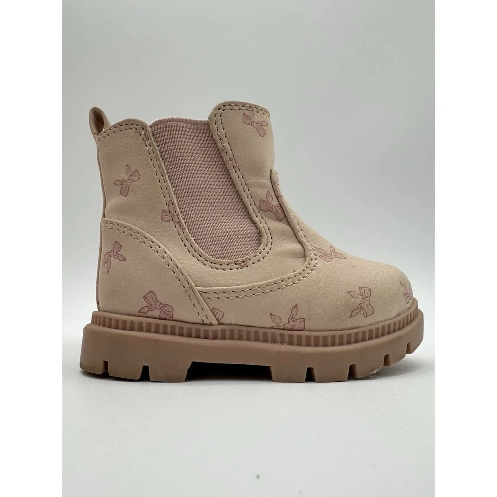 Toddler Girls Chelsea Boots Size 3 Pink Bow Print‎ Side Zip Casual